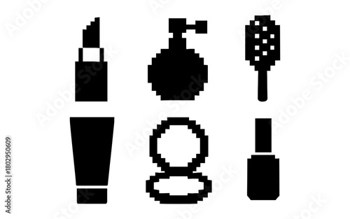 Pixelated makeup products: lipstick, perfume, hairbrush, cream, compact, nail polish
