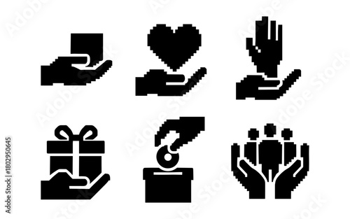 Pixelated hand icons: charity, love, and community themes in digital art