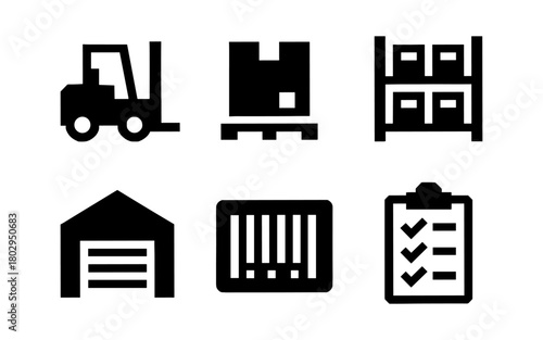 Warehouse logistics icons: forklift, pallet, storage rack, barcode, checklist, garage