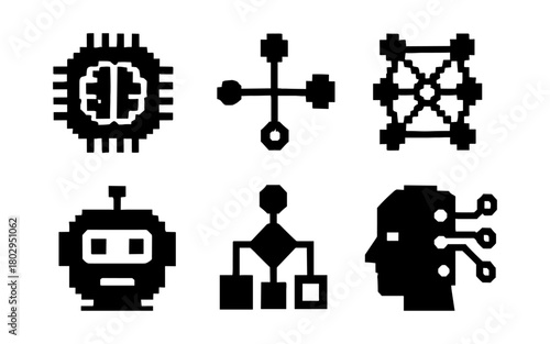 Set of pixel art technology icons featuring neural network and robotics designs