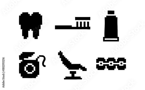 Pixel style dental icons set: toothbrush, toothpaste, chair, floss, braces
