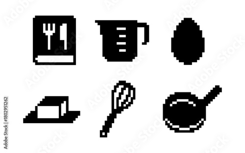 Retro pixel icons of cooking tools and ingredients for vintage kitchen designs