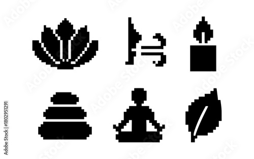 Pixel art icons of yoga and meditation elements in minimalist style