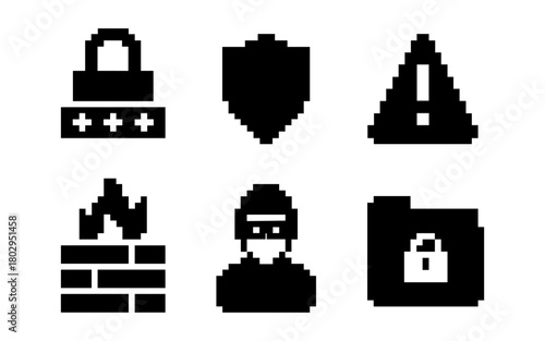 Pixel art security icons: lock, shield, alert, firewall, intruder, secure folder