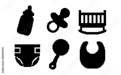 Essential baby silhouettes: bottle, pacifier, crib, diaper, rattle, bib
