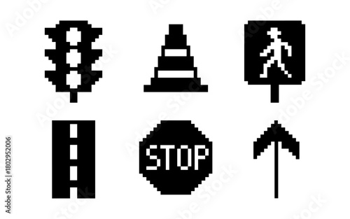 Pixel art traffic symbols: traffic light, cone, pedestrian, road