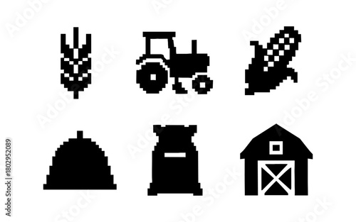 Pixel art farm icons: tractor, barn, corn, wheat, silo, sack
