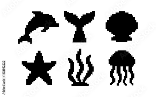Pixel art ocean icons: dolphin, whale tail, shell, starfish, seaweed, jellyfish collection
