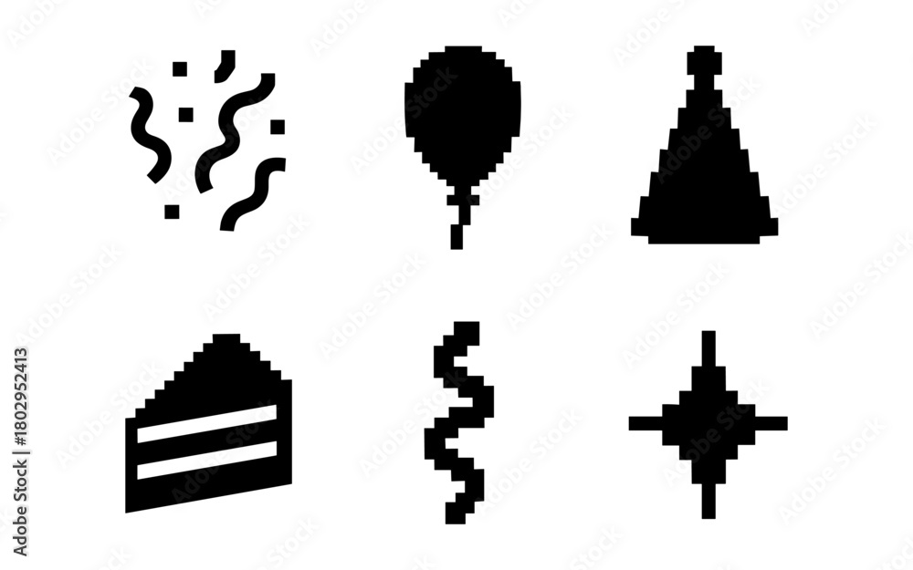 Fototapeta premium Pixel art party icons set: balloons, confetti, cake, and party hat in black silhouette style