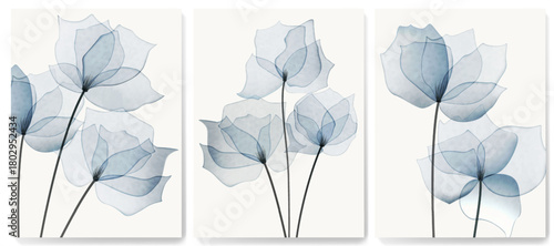 Set of floral cards featuring blue flowers in a transparent, hand-drawn watercolor style. Vector nature backgrounds for posters, prints, greetings, banners, interiors, and covers.