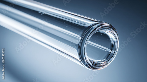 Close up of a transparent glass tube with a blue background and reflections