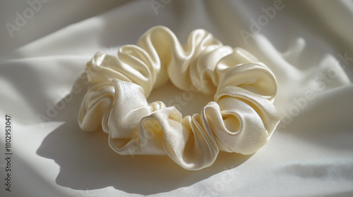 Creamcolored satin scrunchie on a white satin background with soft shadows