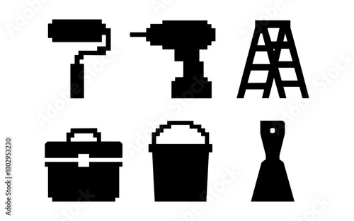 Silhouette set of pixel art tools for diy and construction projects