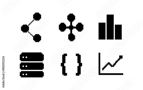 Minimalist black pixel icons for data and networking concepts