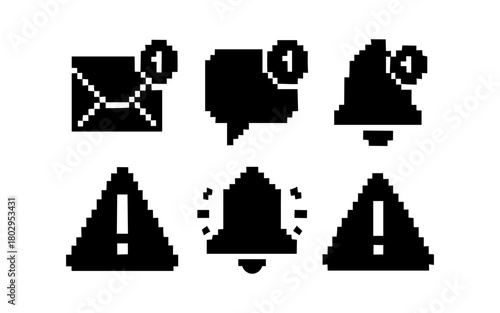 Pixel art notification icons: mail, message, alert, and warning symbols