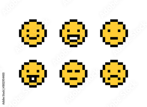 Pixel yellow smiley face expressions set, happy face icons, retro pixel art, mood icons, retro happy expressions, vector illustration, Pixel art.