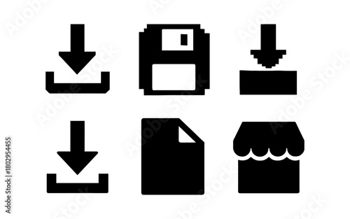 Set of download and save icons in minimalist black silhouette style