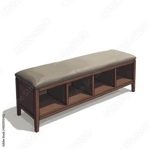  Long Wooden Storage Bench with Padded Seat and Open Cubbies..
