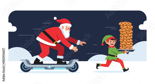 Santa Claus and Elf Delivering Christmas Cookies on a Futuristic Hoverboard and in a Snowy Night Landscape