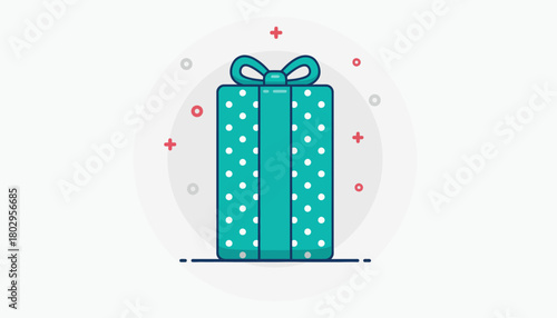 A turquoise gift box adorned with white polka dots, tied with a ribbon and bow, presented on a light grey circular background with subtle decorative starbursts