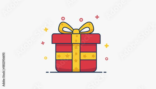 A beautifully wrapped red gift box tied with a yellow ribbon, perfect for celebrations and special occasions, isolated on a white background with sparkling confetti