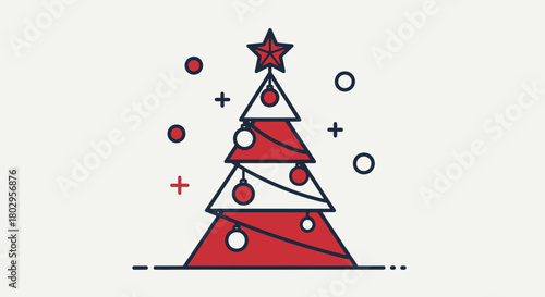Festive Christmas Tree Illustration with Red and White Ornaments and a Star on Top
