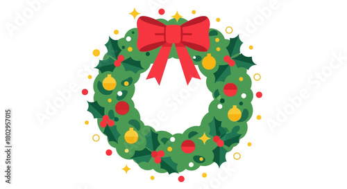 Festive Christmas Wreath with Red Bow and Ornaments, Perfect for Holiday Decorations and Winter Season Greetings