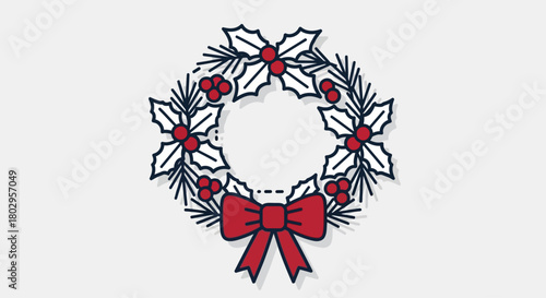 A Festive Christmas Wreath with Holly Berries and a Red Bow, Decorated with Pine Needles