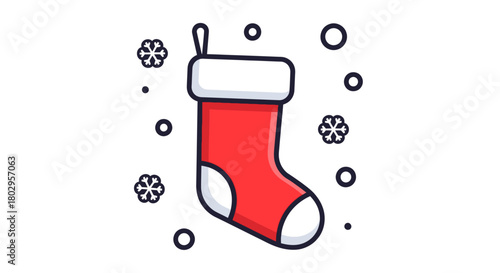 Festive Red Christmas Stocking Icon with Snowflakes for Holiday Celebrations and Decorations