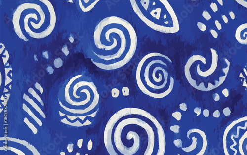 깊고 푸른 배경 위에 흰색 나선형과 추상적인 문양이 조화롭게 어우러진 독특한 벡터 패턴으로, 다양한 디자인 프로젝트에 활용하기 좋습니다.