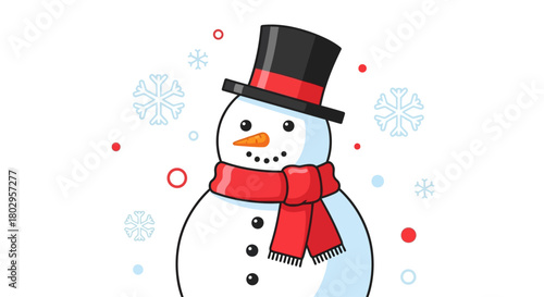 Festive snowman with a red scarf and black top hat surrounded by snowflakes, perfect for winter holiday decorations and seasonal greetings
