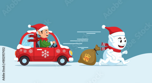 Festive Elf Dashing in a Car While a Joyful Snowman Carries a Sack of Gifts on a Snowy Day