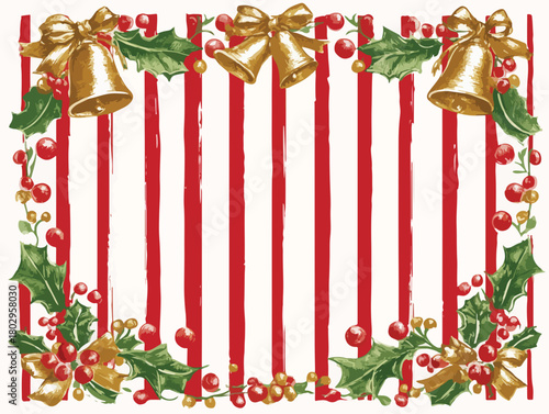 축제 분위기의 빨간색과 흰색 줄무늬 배경에 황금 종과 홀리 장식이 아름답게 어우러진 크리스마스 벡터 프레임으로, 연말연시 디자인에 완벽하게 활용될 수 있습니다.