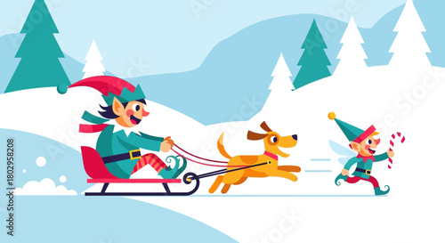 Christmas elves pulling a sleigh with a dog and candy cane in snowy forest scene