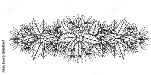 Holly and Mistletoe Line Art Vector Divider Border Element