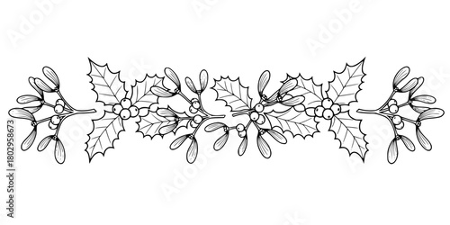 Holly and Mistletoe Line Art Vector Divider Border Element