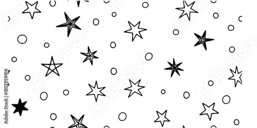 Hand-Drawn Stars and Circles Scattered Doodles Pattern Vector