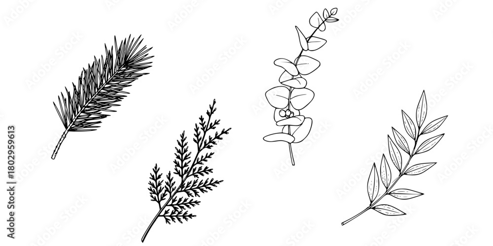 Obraz premium Botanical Sprig Icon Set Minimalist Line Art Flat Vector