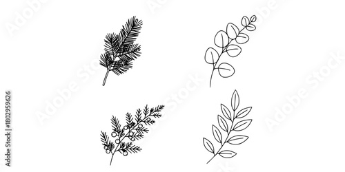 Botanical Sprig Icon Set Minimalist Line Art Flat Vector