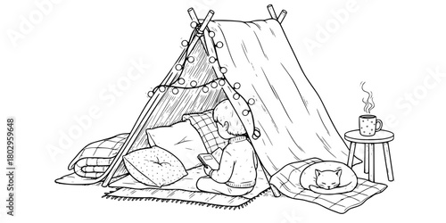 Cozy Blanket Fort Tent Simple Outline Line Art Vector