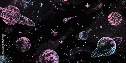 어두운 밤하늘을 배경으로 핑크와 보라색 행성, 빛나는 별들이 조화롭게 펼쳐져 신비롭고 환상적인 우주를 표현한 아름다운 벡터 일러스트레이션입니다.
