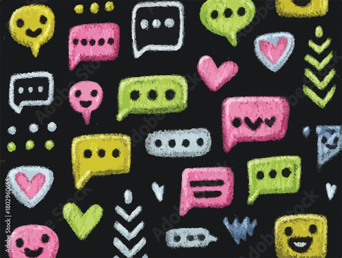 다채로운 손그림 말풍선과 이모티콘이 검은 배경에 어우러져 온라인 소통과 디지털 대화의 즐거움을 표현하는 벡터 일러스트레이션입니다.