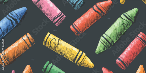 어두운 배경 위에 다채로운 크레용이 무작위로 흩어져 있는 창의적이고 활기찬 벡터 패턴으로, 어린 시절의 예술적 영감과 교육적 즐거움을 다채롭게 표현합니다.