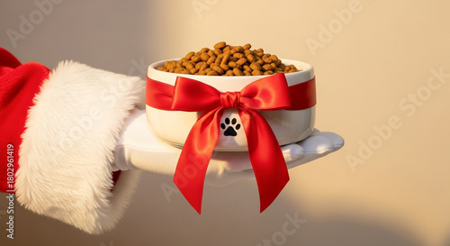 Santa Claus holding dog bowl with festive red bow and kibble, creating warm holiday pet gift concept for seasonal advertising and cozy Christmas promotions 