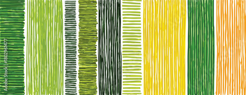 신선하고 활기찬 느낌을 주는 녹색, 노란색, 주황색 계열의 세로 스트라이프가 손으로 그린 듯한 독특한 질감으로 표현된 현대적인 추상 배경 디자인입니다.