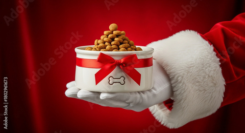 Santa Claus hand holding dog bowl tied with red ribbon on rich red fabric background, festive pet holiday gift concept for Christmas marketing and ads