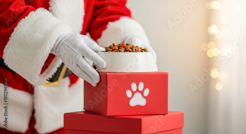 Santa Claus arranging pet food bowl on holiday gift boxes with glowing lights behind, festive Christmas pet care concept for seasonal promotions and ads