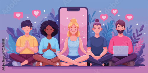 다양한 인종의 사람들이 스마트폰과 노트북 주변에서 명상하며 디지털 시대의 균형 잡힌 삶과 마음의 평화를 추구하는 모습.