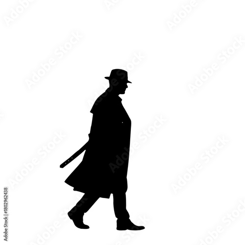 A silhouette of a man in a hat and trench coat walking against a white background in a side profile view
