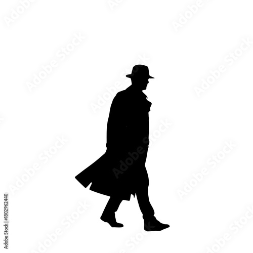 A silhouette of a man wearing a hat and a long coat walking against a white background in side view